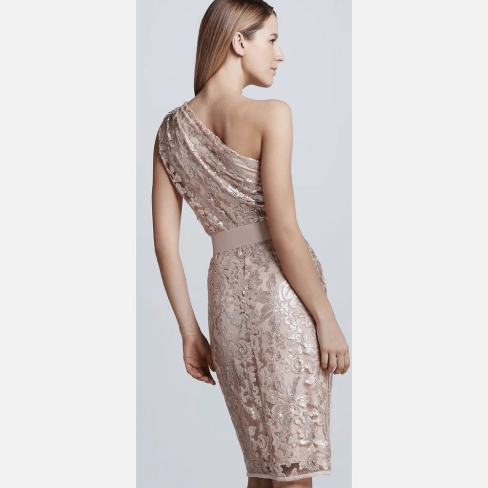 Tadashi Shoji $328 Champagne Sequined One Shoulder Knee Length Dress 12 - Picture 11 of 13